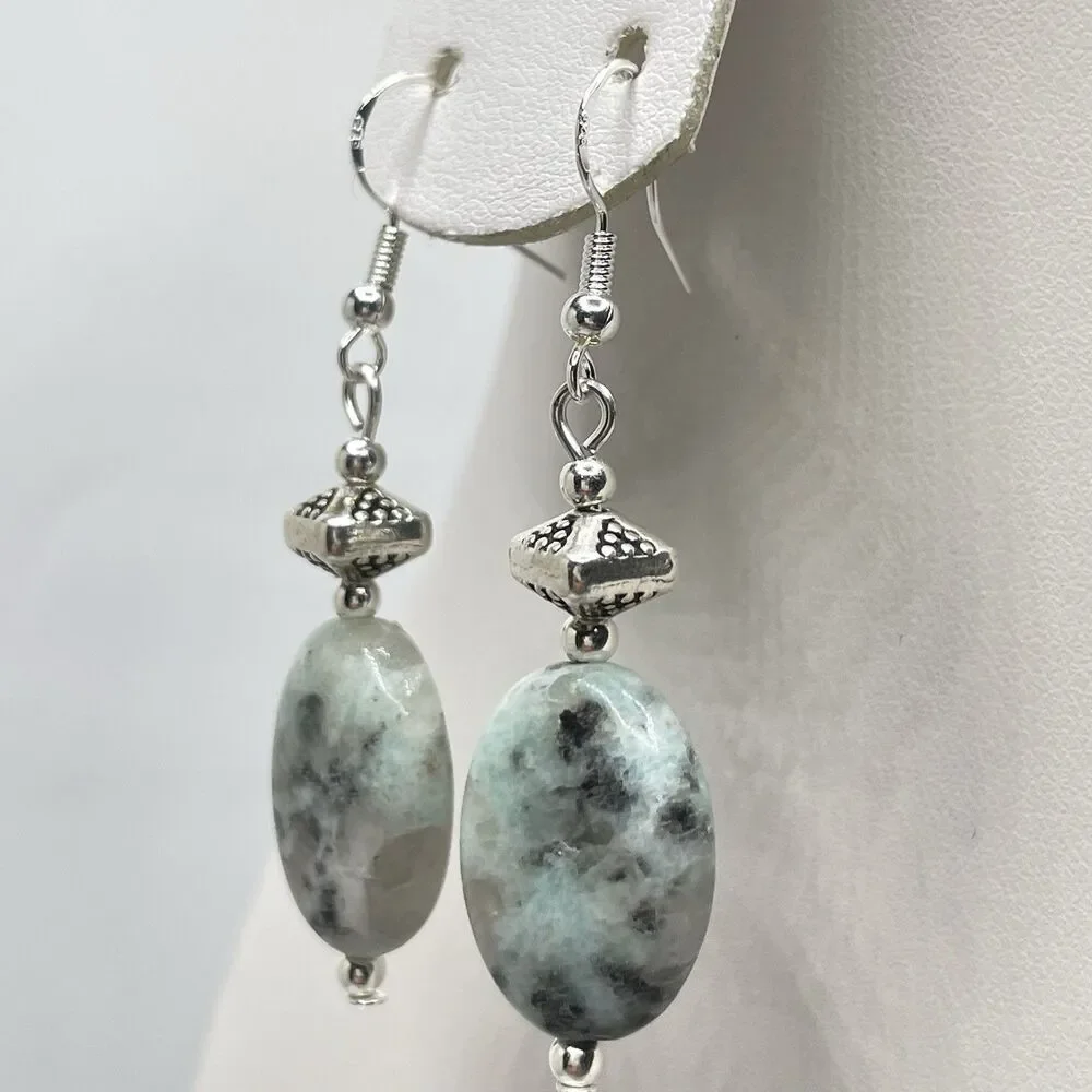 Artisan Silver Kiwi Jasper Stone Oval Beaded Dangle Earrings Boho Cute